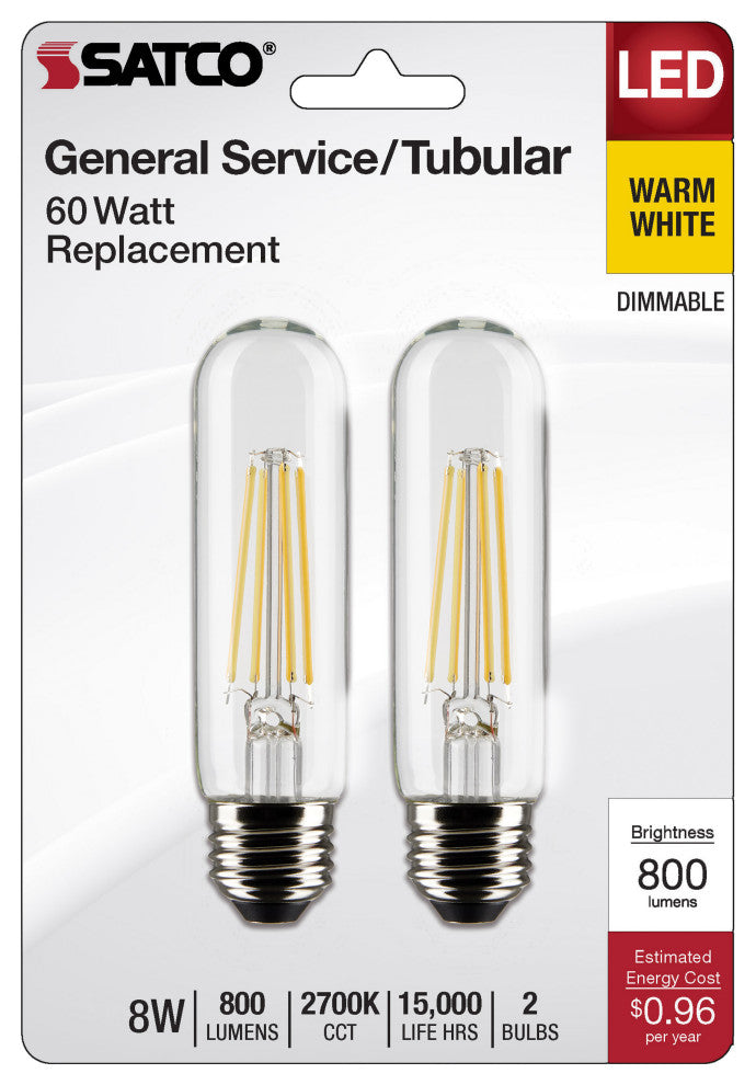 8W T10 LED, Clear, Medium Base, 2700K, 800 Lumens, 120V, 2-Pack