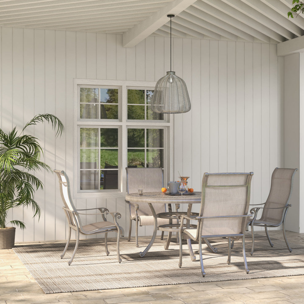 5-Piece Aged Bronze Aluminum Round Dining Set With 4 Sling Chairs, Heritage Grey