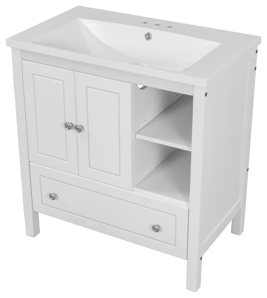 30" W x 18., D. x 32" H Bath Vanity, White Ceramic Top, White