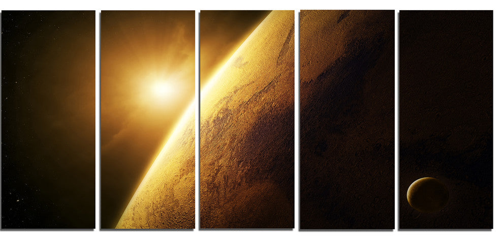 Planet Mars Close up with Sunrise, Large Landscape Canvas Art, 60"x28", 5 Panels