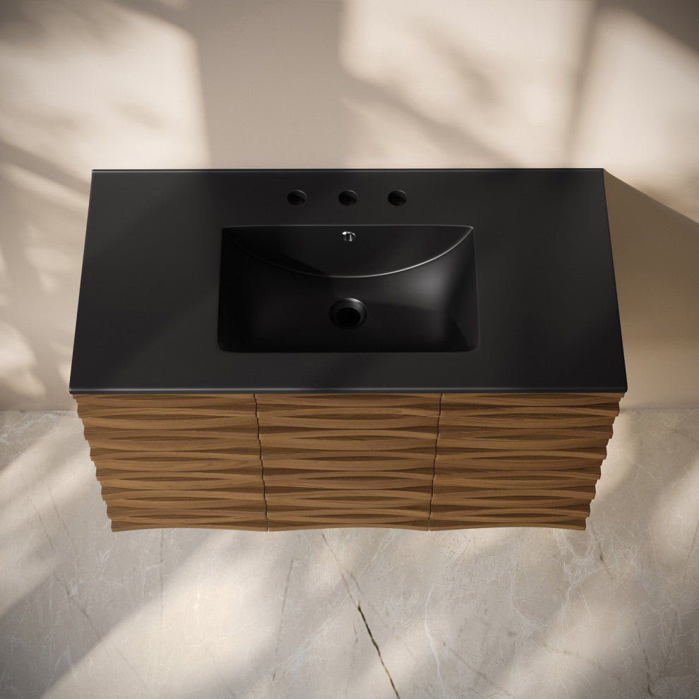 Cascade 36" Wall-Mounted Bath Vanity, Brown Oak, Black Widespread Sink Top