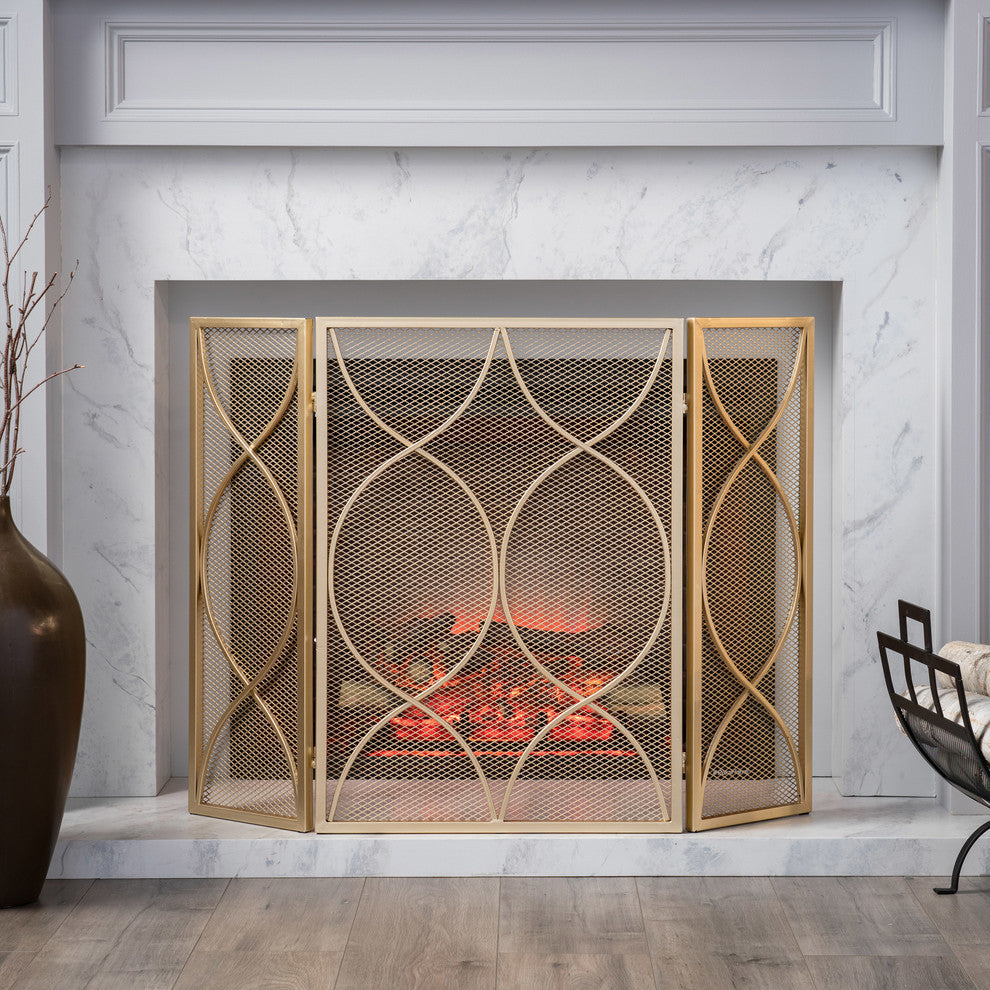 Laylah Modern Three Panel Iron Firescreen, Gold Finish