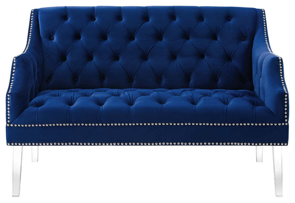 Tufted Loveseat Sofa, Velvet, Blue Navy, Modern, Living Lounge Hotel Hospitality