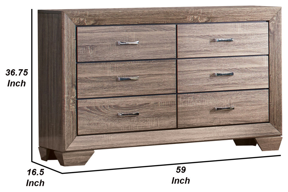 Transitional Style Wooden Dresser with Six Drawers and Metal Handles, Brown