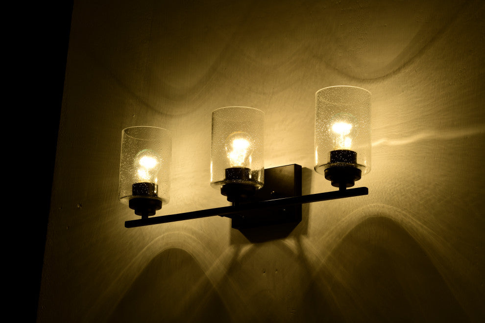 3-Light Matte Black Vanity With Seedy Glass