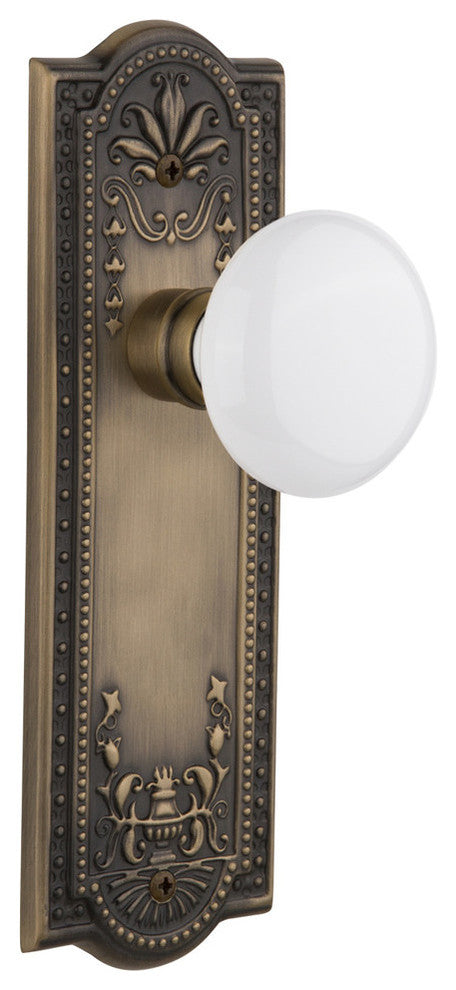 Meadows Plate Privacy White Porcelain Knob, Antique Brass