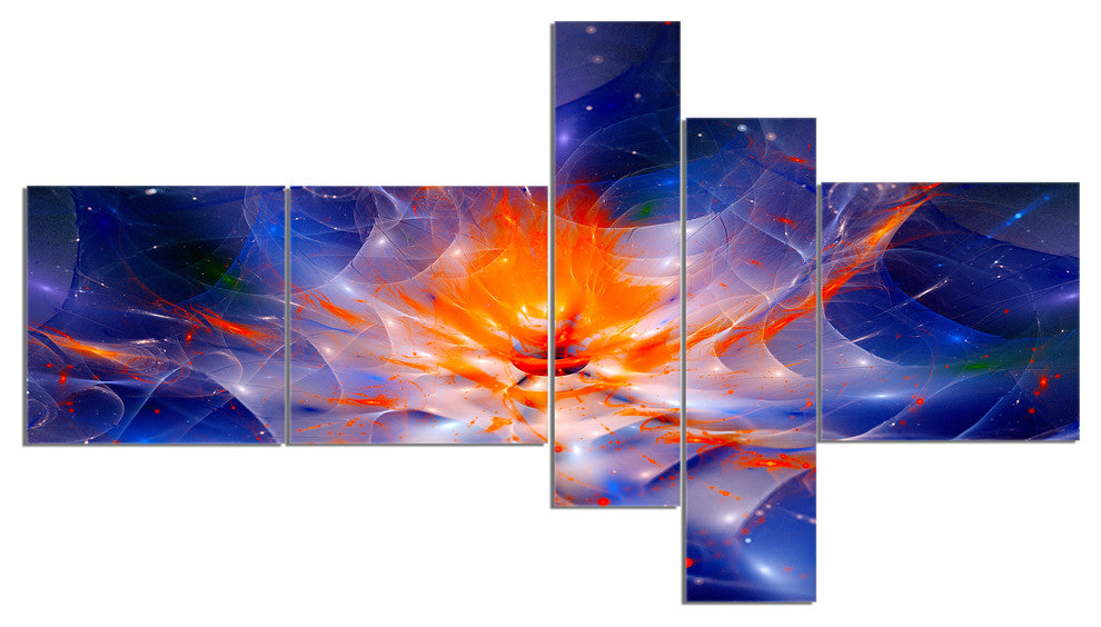 Colorful Glowing Space Flower Fractal, Large Floral Wall Art, 60"x32", 5 panels