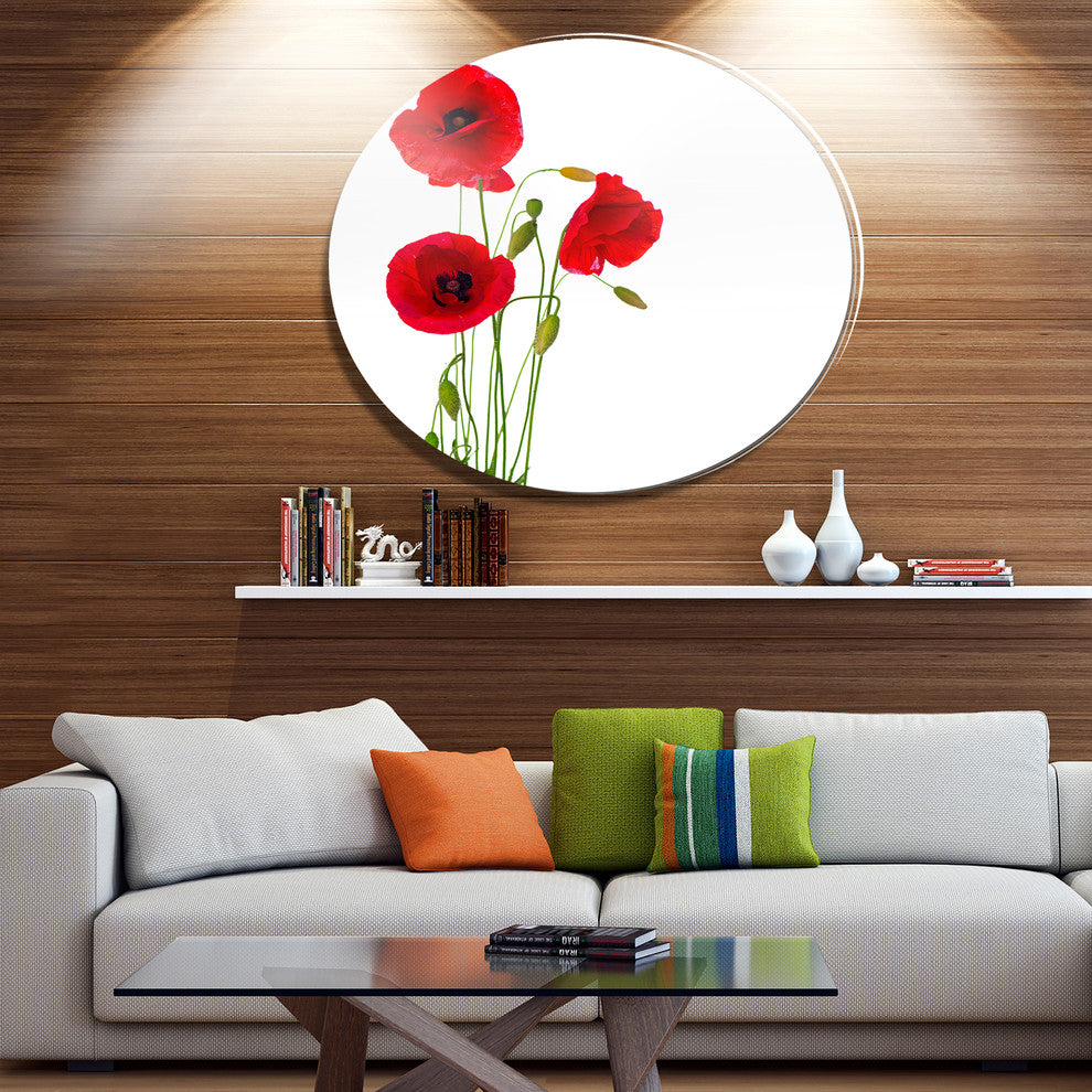 Isolated Red Poppy Flowers, Modern Floral Round Metal Wall Art, 23"