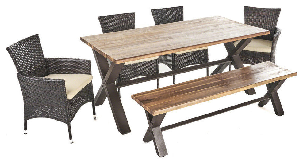 GDF Studio 6-Piece Trellis Outdoor Wood Dining Set With Wicker Dining Chairs