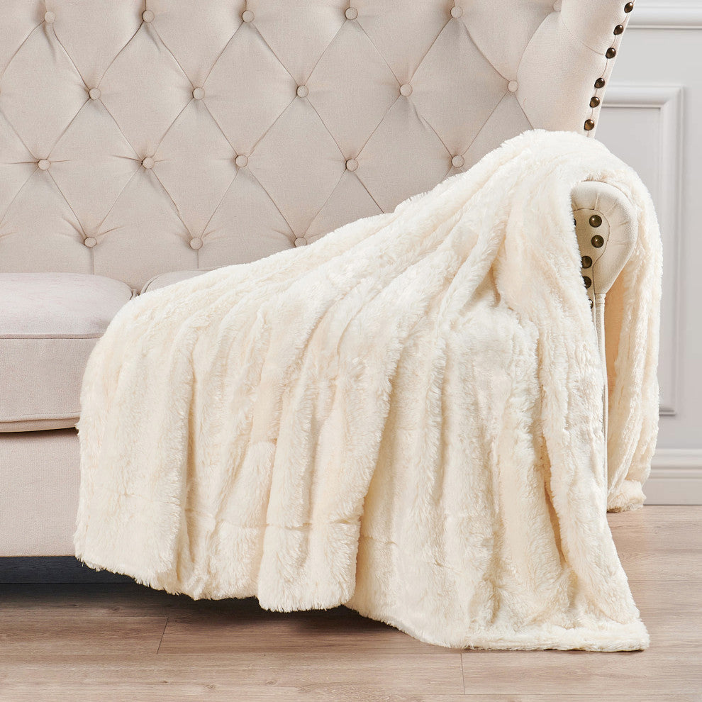 Double Sided Over-Sized Faux Fur Throw Blanket, Ivory, 70''x80''
