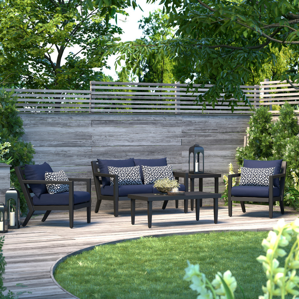 Thelix 5 Piece Sunbrella Outdoor Patio Seating Set, Navy Blue