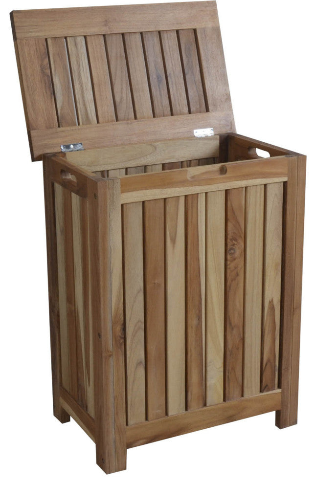 HomeRoots Compact Teak Laundy Storage With Removable Bag, Natural Finish