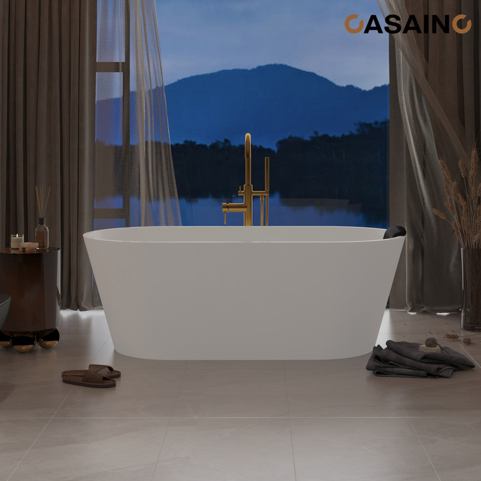 59in White Solid Surface Freestanding Soaking Bathtub with Drain, 67in