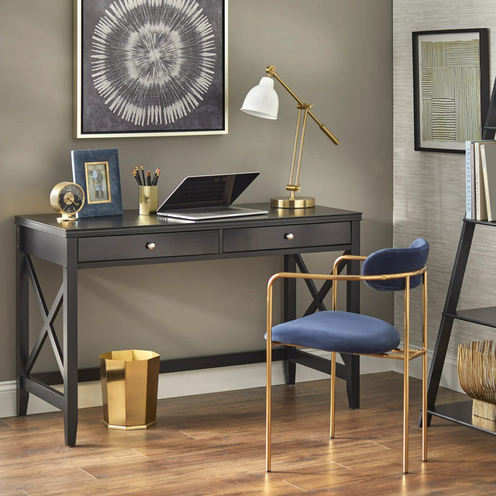 Transitional Desk, Pinewood Legs With Rectangular Top & Storage Drawers, Black