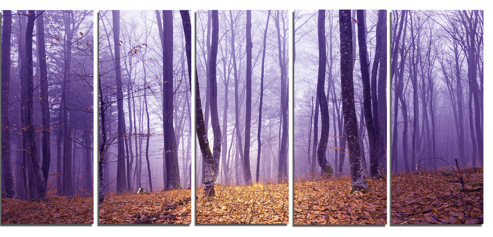Magenta Foggy Fairytale Forest, Forest Canvas Art Print, 60"x28", 5 Panels