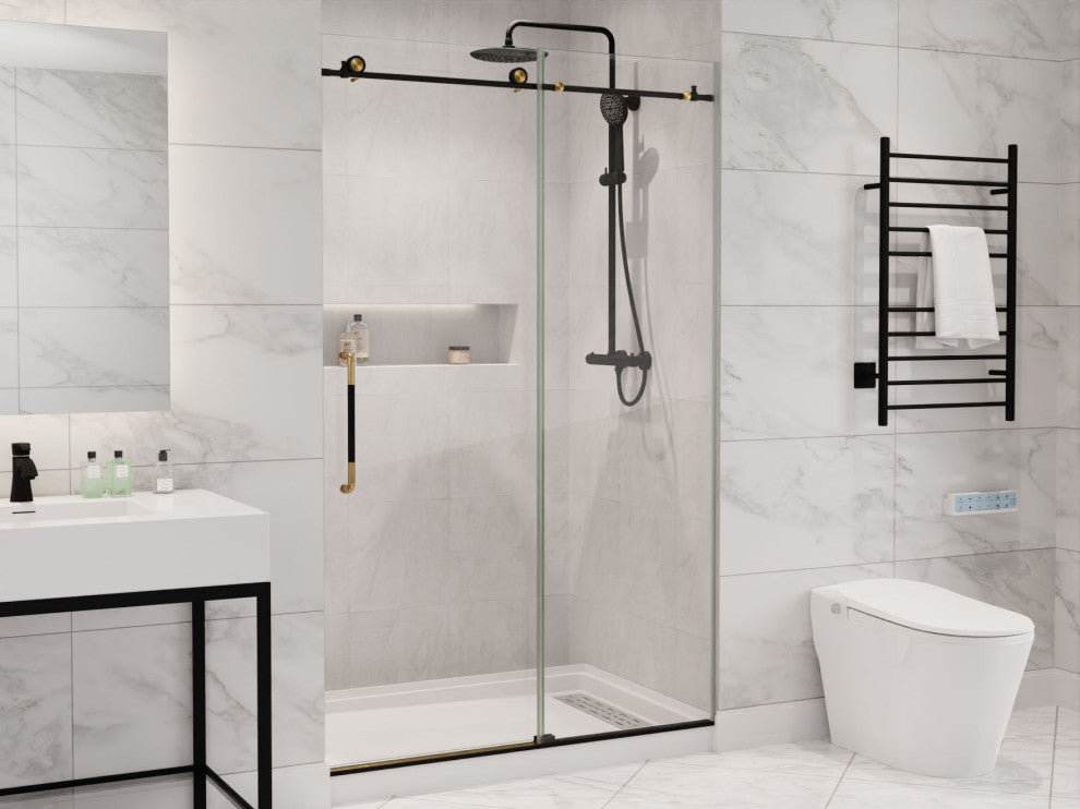Madam 76-in. x 48-in. Frameless Sliding Shower Door, Matte Black/Brushed Gold