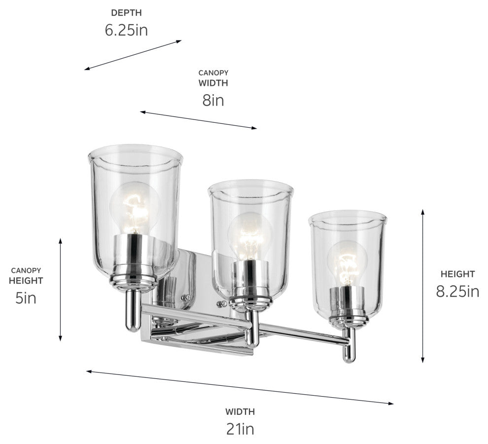 Shailene 21" 3-Light Vanity Light With Clear Glass, Chrome
