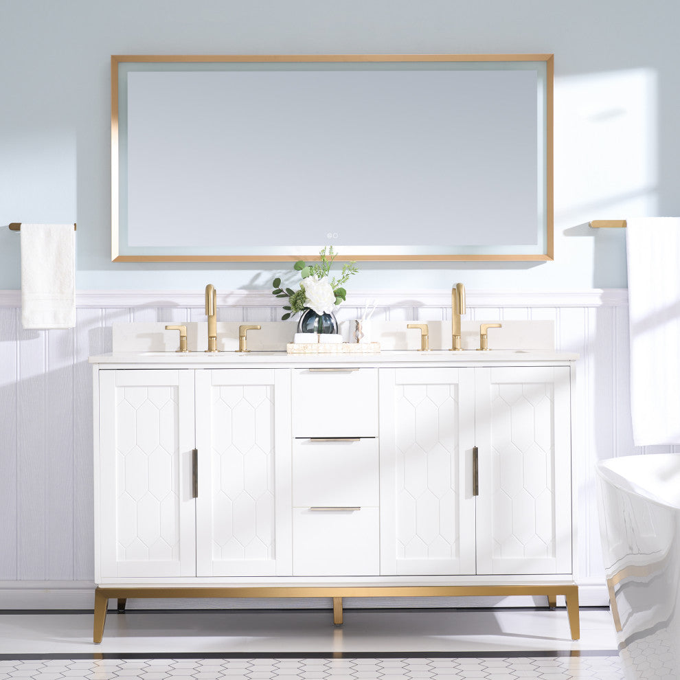 Alison Freestanding Bathroom Vanity with Italian Carrara White Marble Top, White, 60"