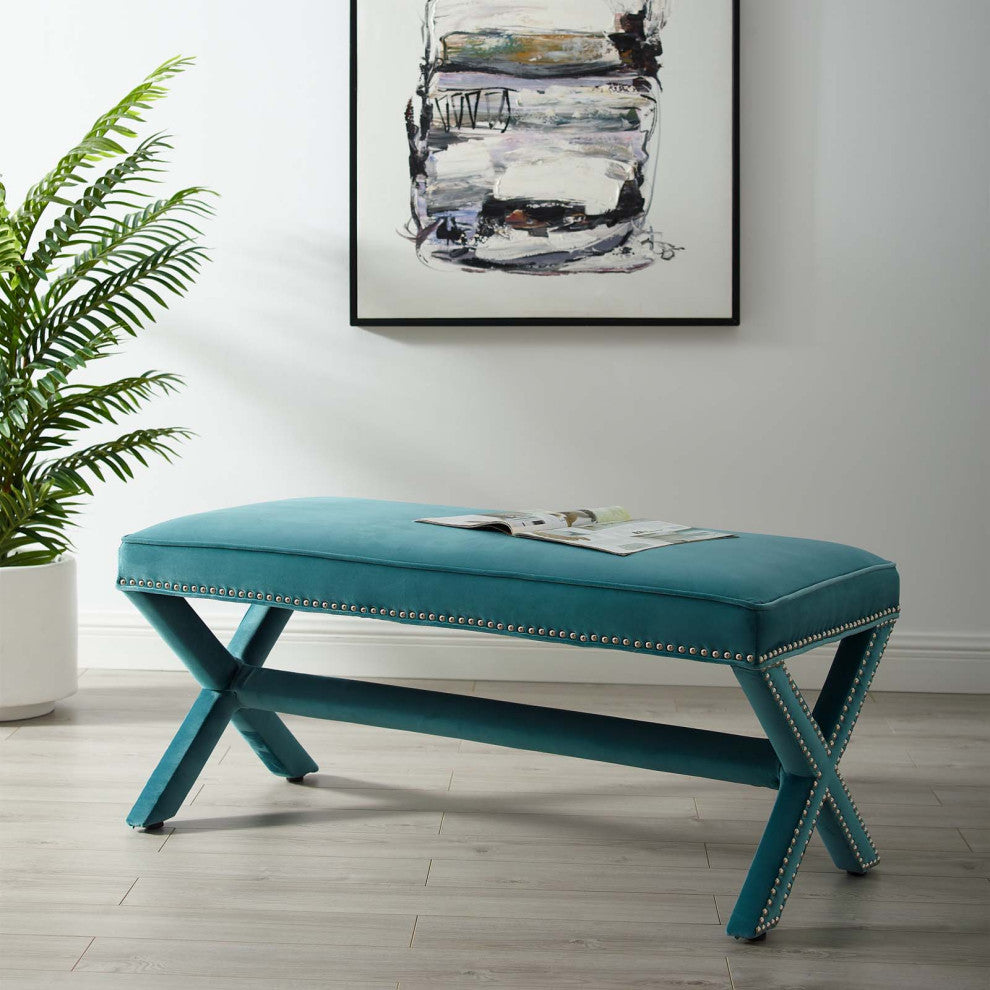Rivet Upholstered Velvet Bench, Sea Blue