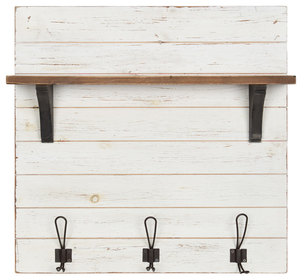 Kate and Laurel Jeran Wood Wall Shelf With 3 Hooks, White