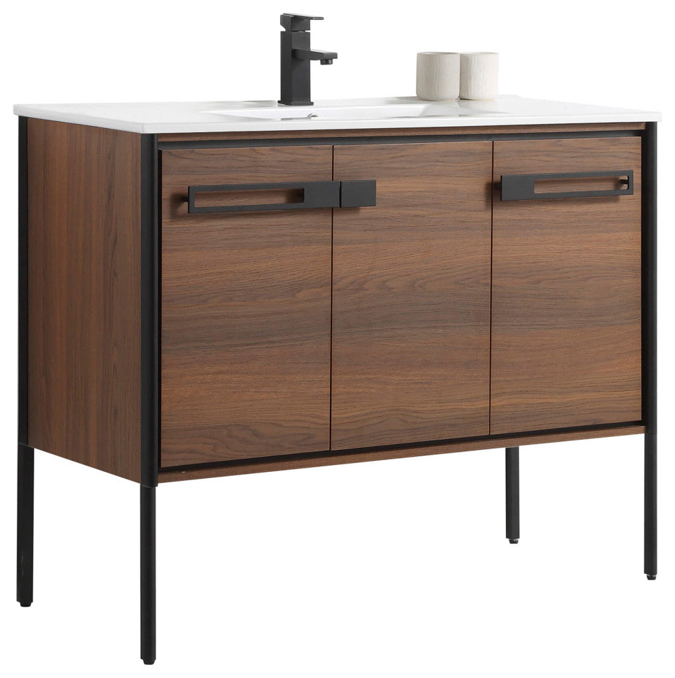 Oakville Bath Vanity, Ceramic Sink, Walnut Ebony, 42 Inch, Black Hardware