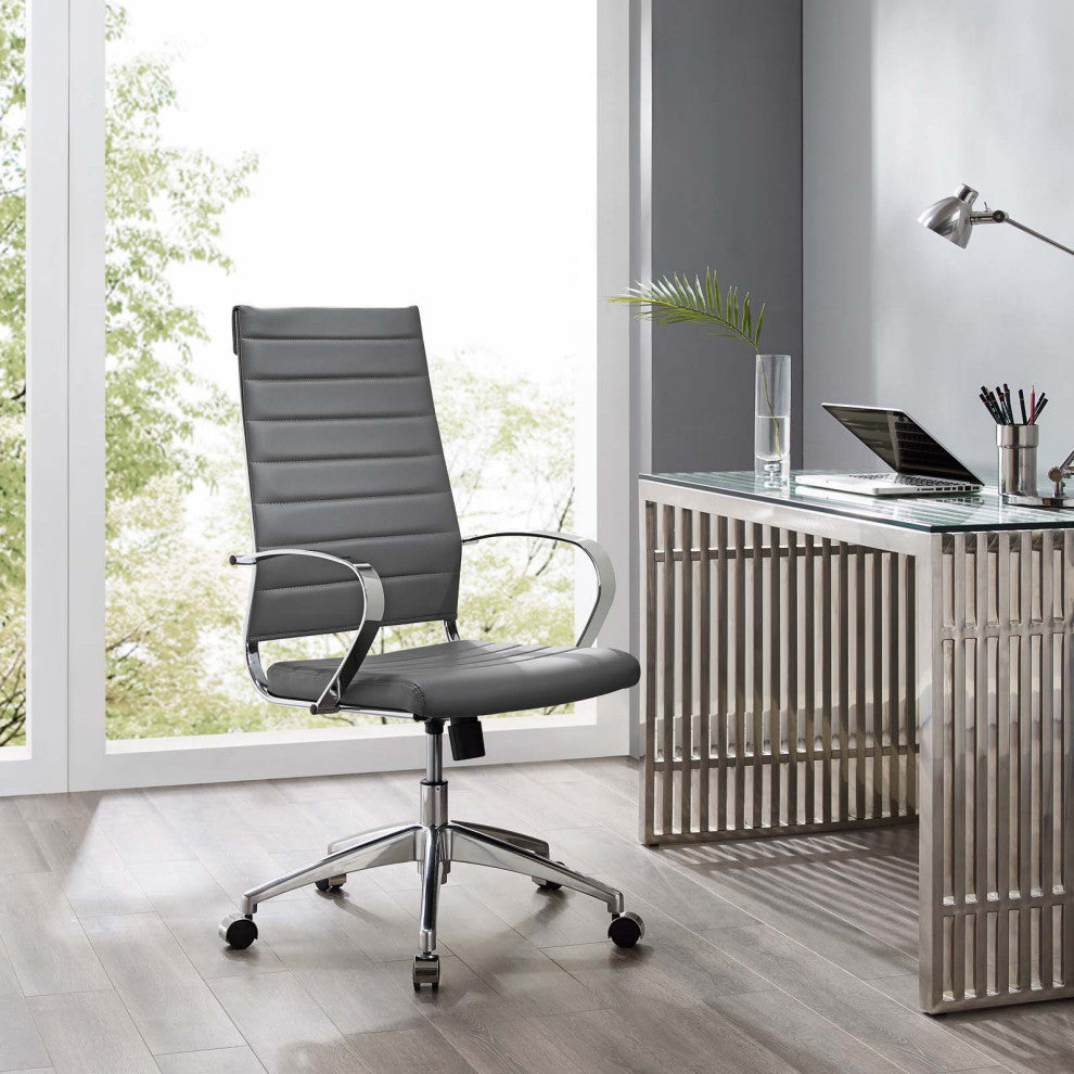 Computer Work Desk High Back Chair, Faux Leather, Gray, Modern, Home Office