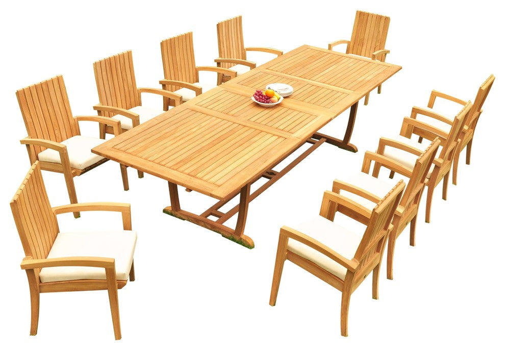 11-Piece Outdoor Teak Dining: 117" Masc Rectangle Table, 10 Goa Stacking Chairs
