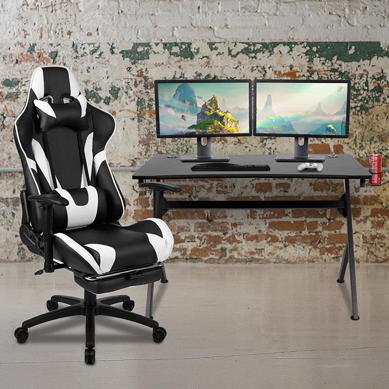 Black Gaming Desk & Footrest Reclining Chair Set, Black