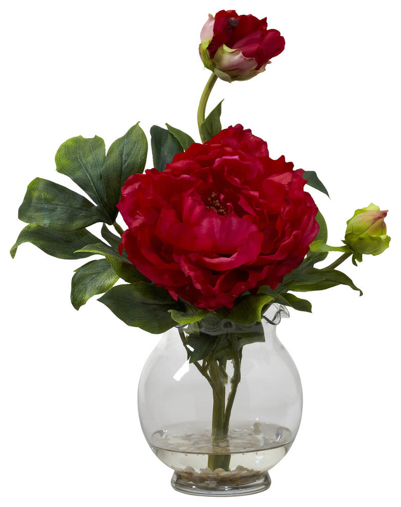 Peony With Fluted Vase Silk Flower Arrangement, Red