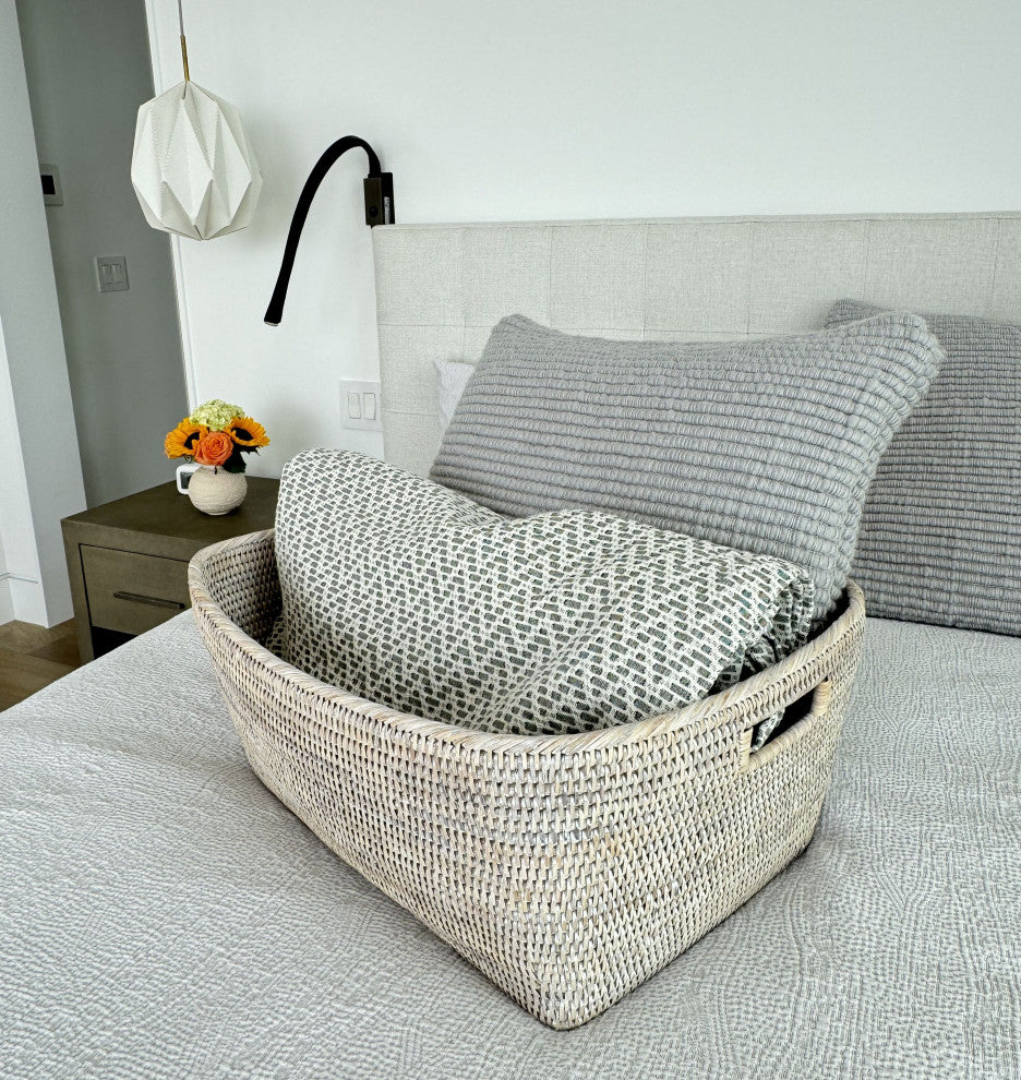 La Jolla Rattan Oblong Storage Basket, Large, White-Wash