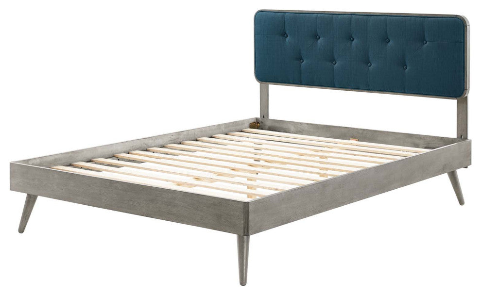 Platform Bed Frame, Twin Size, Wood, Grey Gray Navy Blue, Modern Contemporary