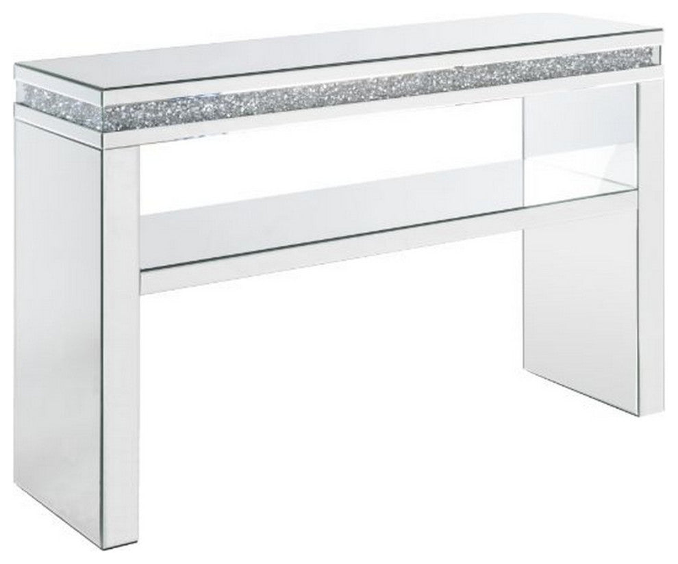 Benzara BM250574 Sofa Table With Mirror Panel Frame and 1 Glass Shelf, Silver