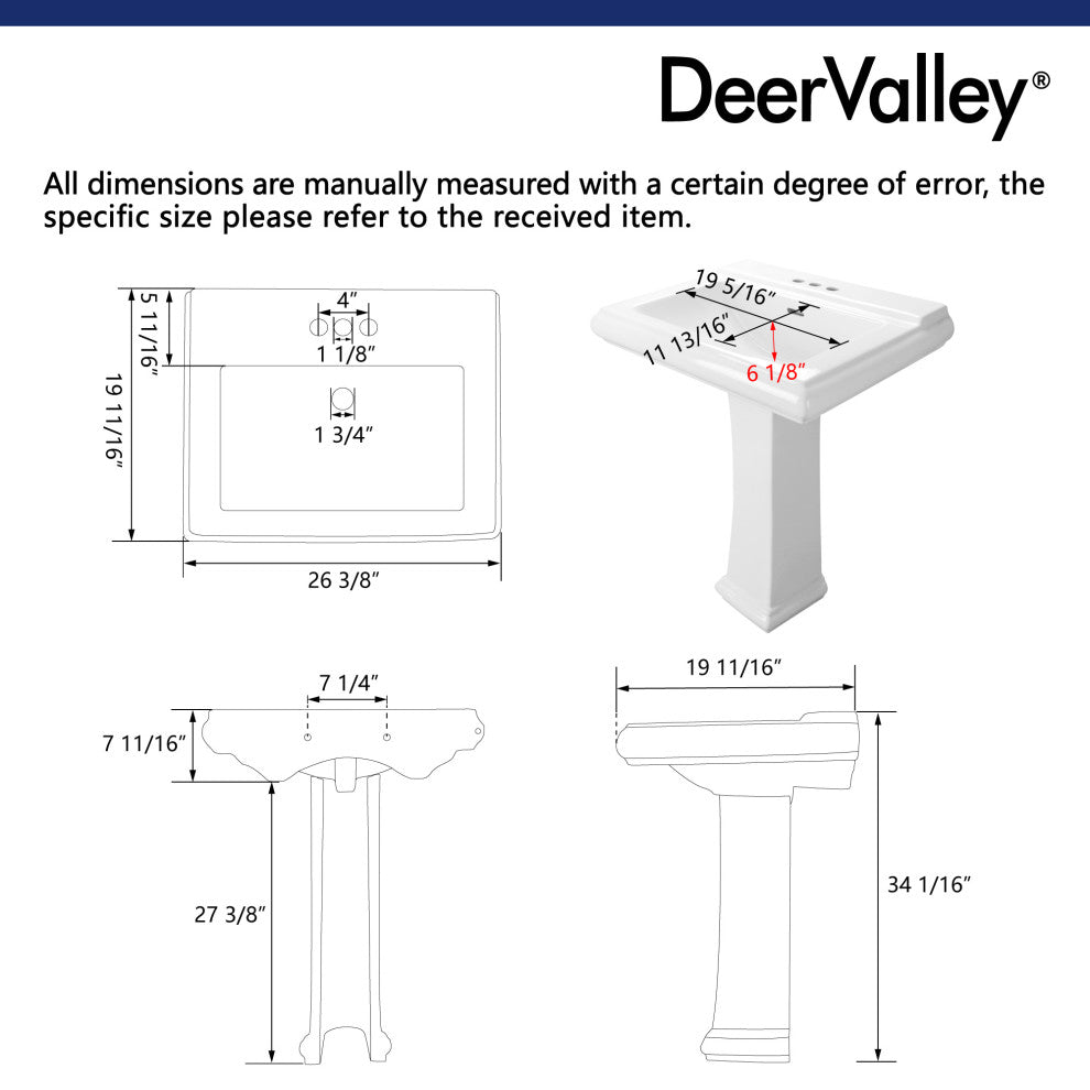 Apex 26 1/2" Tall White Vitreous China Rectangular Pedestal Bathroom Sink