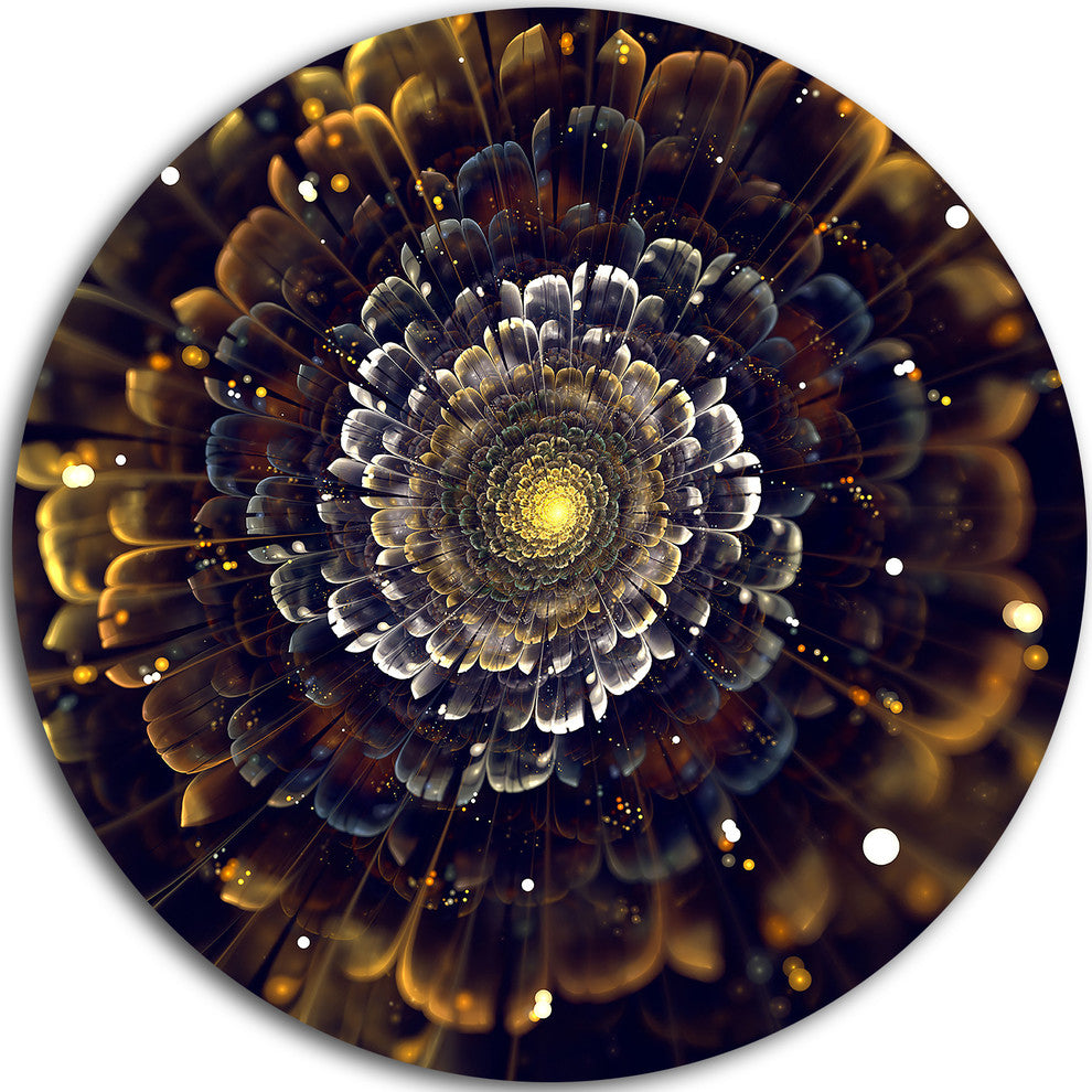 Yellow Fractal Flowers With Violet, Digital Art Disc Metal Artwork, 36"