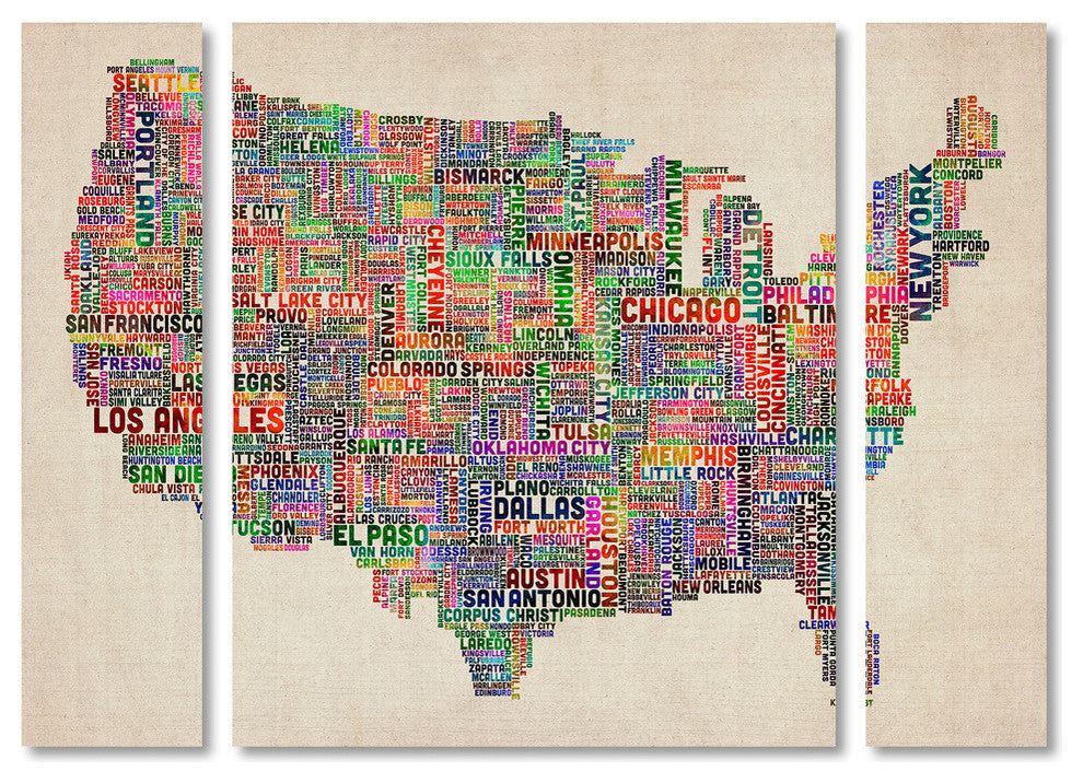 Michael Tompsett ''US Cities Text Map VI'' Multi Panel Art Set, 32"x24"
