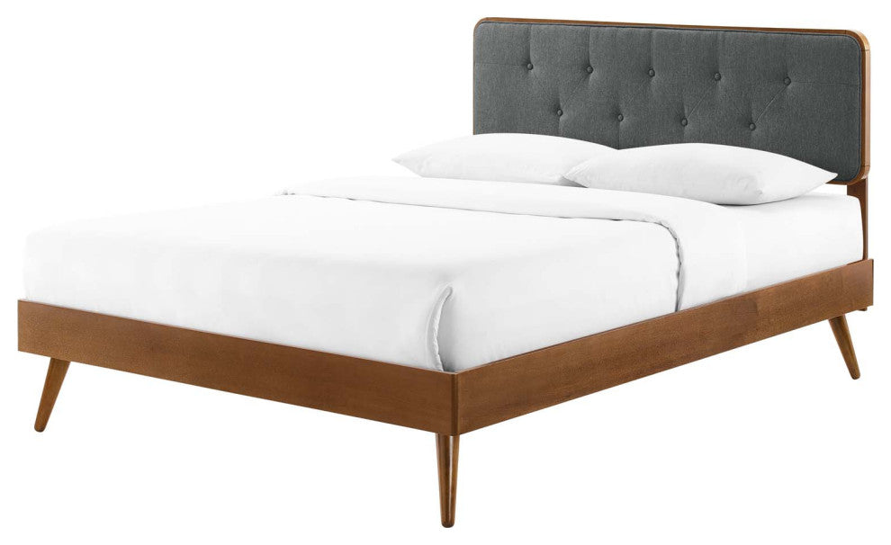 Platform Bed Frame, Queen Size, Fabric, Wood, Brown Walnut Gray, Modern