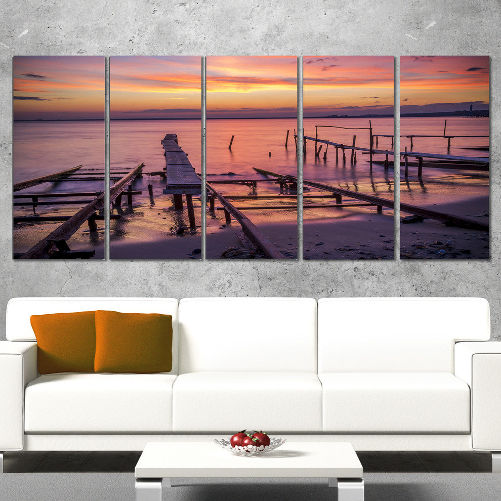 Fishing Pier in Sea at Sunset, Seashore Canvas Art Print, 60"x28", 5 Panels