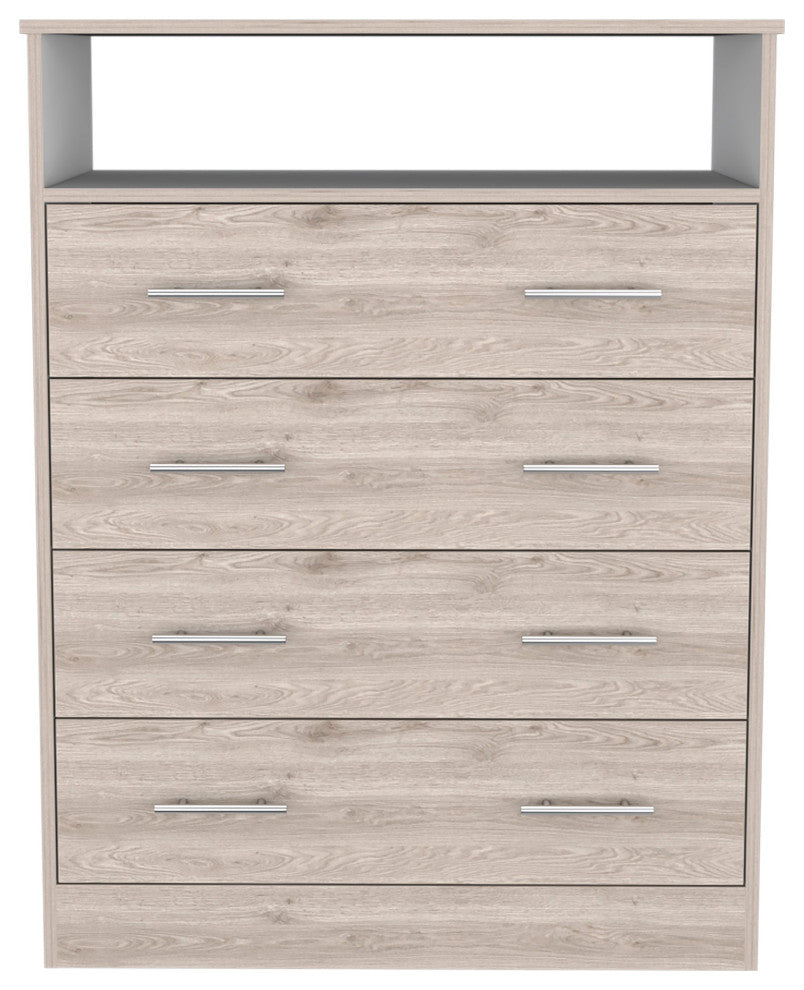 Lagos 4 Drawer Dresser with Open Shelf and Metal Handles, Light Gray