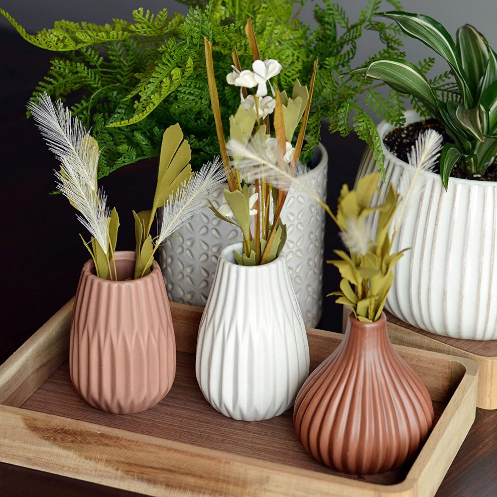 3 Piece Earthy Brown/ Tan/ White Table Vase Set, 5" Tall