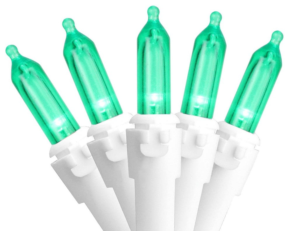 Set of 100 Green LED Mini Christmas Lights 4" Spacing - White Wire