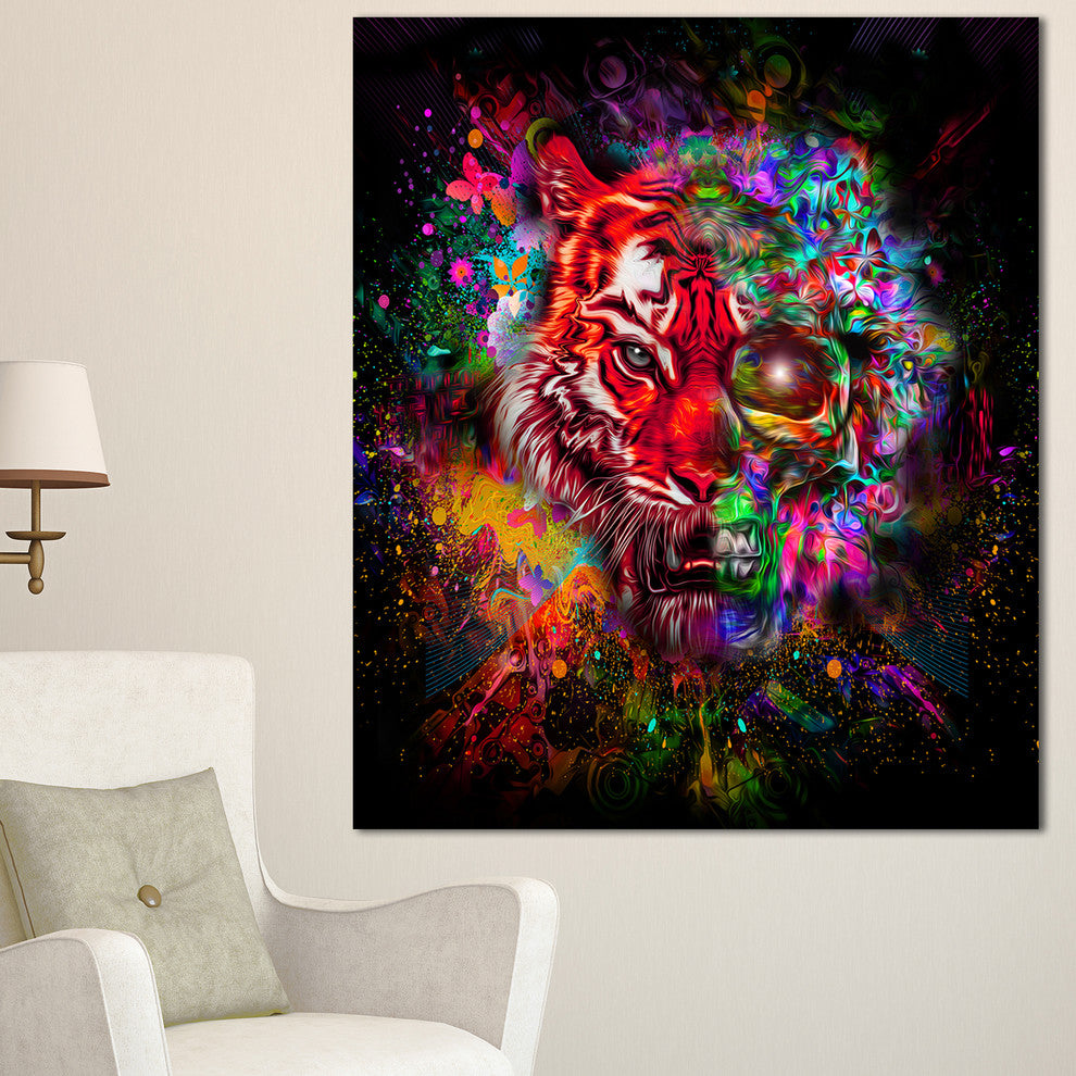 Colorful Tiger Head with Half Skull, Abstract Wall Art Canvas, 30"x40"