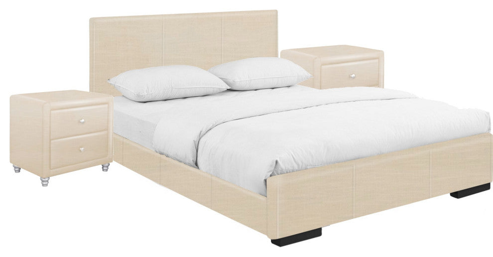 Beige Upholstered Platform Queen Bed With Two Nightstands