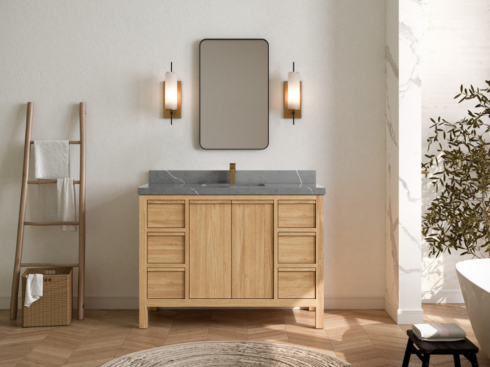 Elizabeth 48 Single Sink Bath Vanity in Light Natural Teak 2" Piatra Gray