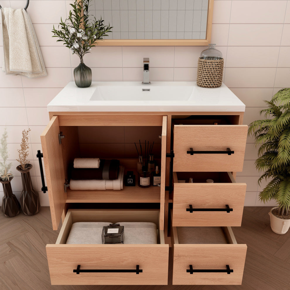 Victoria 36" Solid Wood Bath Vanity Right Side Drawers, Red Oak