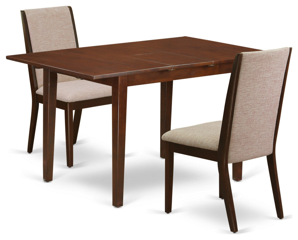 3Pc Dining Set, Butterfly Leaf Table, 2 Chairs, Light Tan Chairs Seat, Mahogany