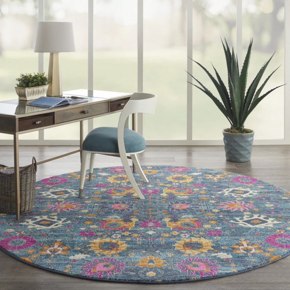 8 Round Denim Blue Florals Distressed Area Rug