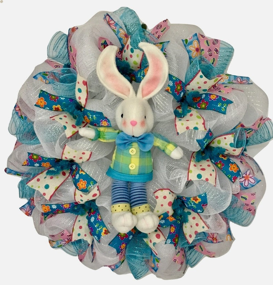 Plush Easter Bunny With Dangling Legs Handmade Deco Mesh