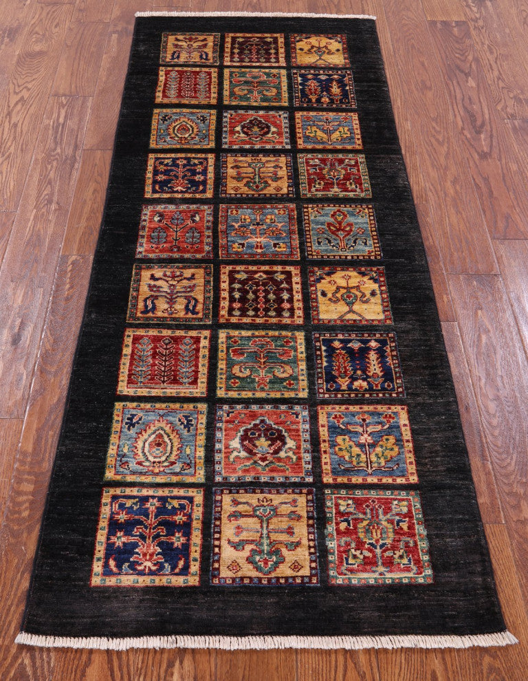 2' 6" X 6' 5" Runner Persian Garden Design Black Hand-Knotted Rug Q10687