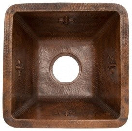 15" Square Fleur De Lis Copper Bar/Prep Sink With 3.5" Drain Opening