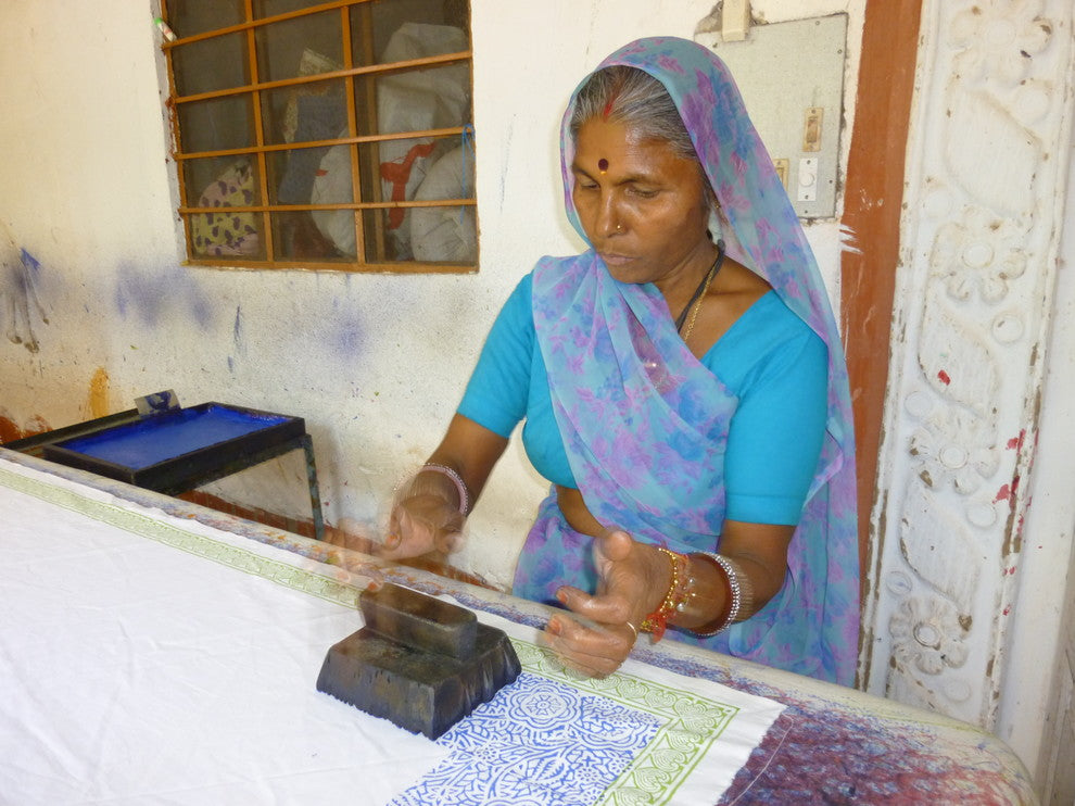 Mosaic Rose Hand Block Printed Table Cloth, Unbleached Cotton